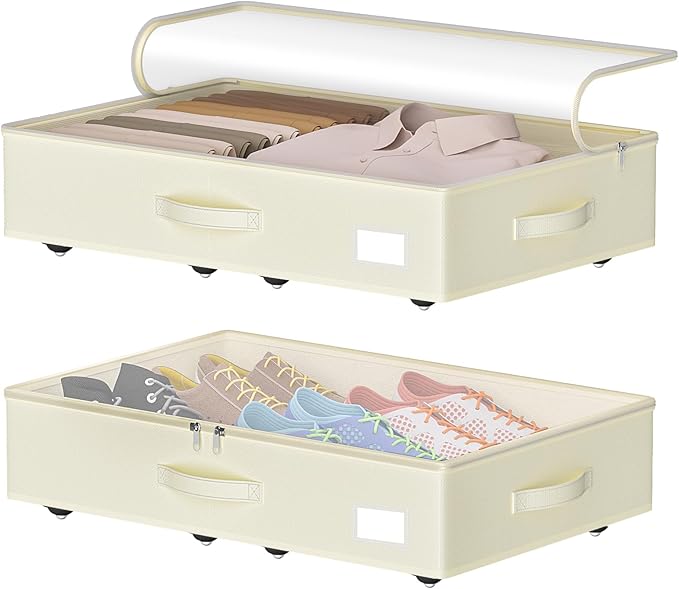 Under Bed Storage with Wheels, No Assemble Required 5.5 inches height beige under bed storage bins,Low Profile Rolling Under bed Shoe Storage containers，dorm under bed storage drawers