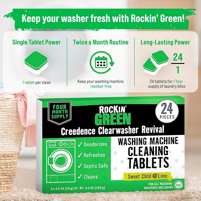 Rockin' Green Deep Cleaning and Deodorizing Tablets for Dishwashers, Washing Machines, and Garbage Disposals, Removes Odor and Residue (Washing Machine Cleaning Tablets, 24 Pack)