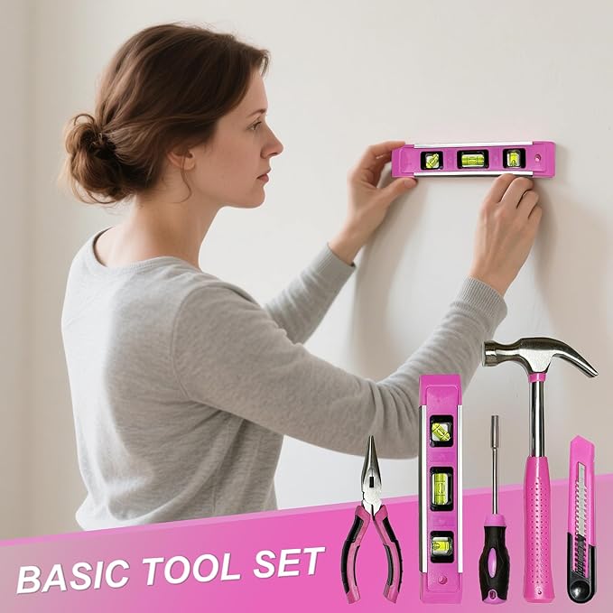 Pink Toolbox Essentials for Women Girls Starter DIY Drilling Kit with Cordless Power Tools, Electric Drill, Hammer, Screwdriver Sets, Mini Hand Tools, and Combo Bits for Home Repair Household Gift