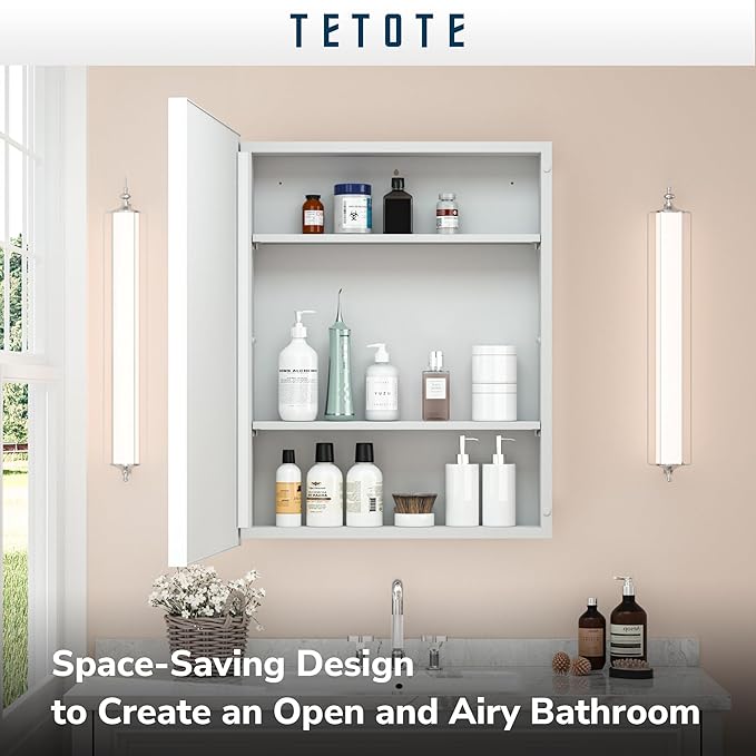 TETOTE Medicine Cabinet Mirror for Bathroom White Framed 17x25 Inch Aluminum Framed Surface or Recessed Wall-Mounted Medicine Cabinets Beveled Mirror with Storage 1 Door Modern Farmhouse