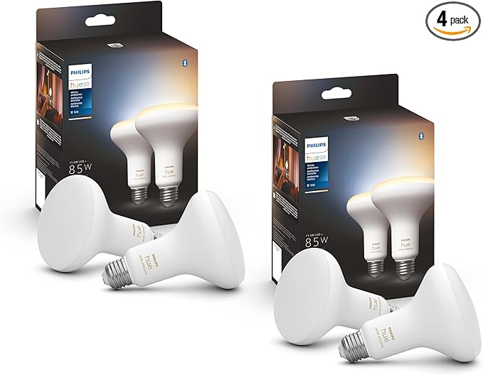 Philips Hue BR30 85W Smart LED Light Bulbs - White Ambiance - 4 Pack - 1200LM - E26 - Indoor - Control with App - Compatible with Alexa Google Assistant, and Apple Homekit
