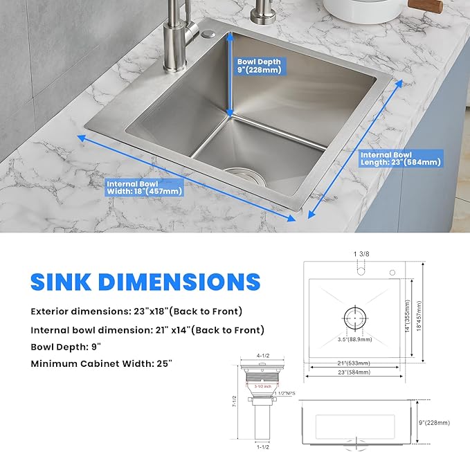 POPFLY 23 Inch Drop In Kitchen Sink, 23×18 Inch Topmount Small Wet Bar or Prep Sink, 304 Stainless Steel 9 Inch Deep Single Bowl Sink, Brushed