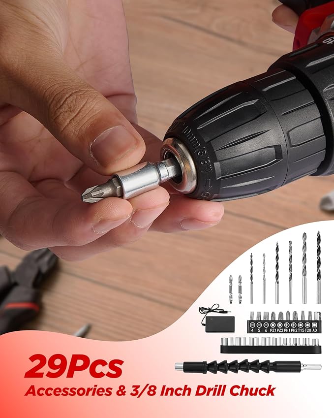Cordless Drill Set, KELNOW 21V PowerDrill with Power Pack and Charger, 3/8-Inch Keyless Chuck ElectricDrill, 25+1 Position, 2 Speed, 27pcs Drilldriver Bits Tool Drills for DIY Projects