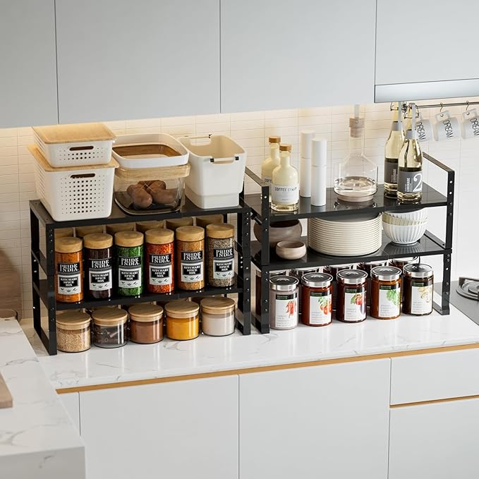 Expandable,Stackable Spice Rack,Seasoning Organizer and Storage,Spices Jar Racks for Cabinet,Countertop, Metal Pantry, Cupboard,Laundry Storages,Heavy Duty(1 Pack/Medium/Black)