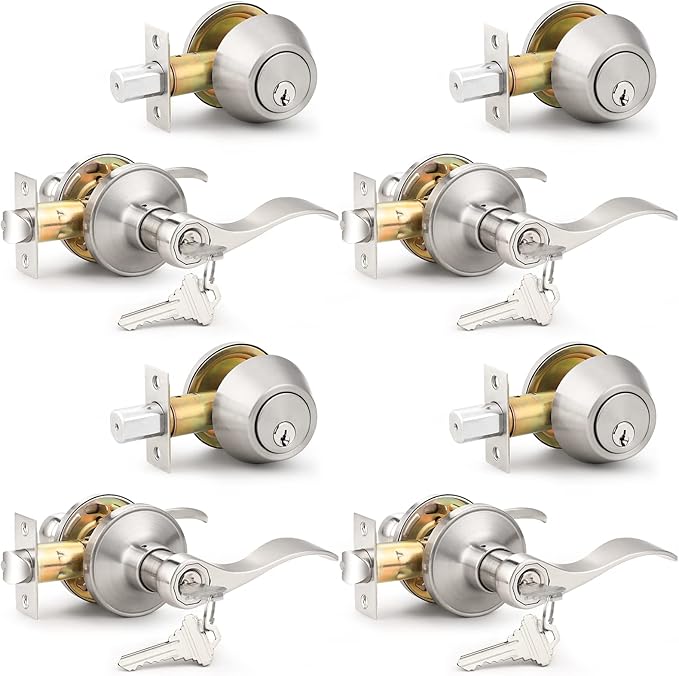 Probrico 4 Set of Satin Nickel Exterior Entry Lever and Single Cylinder Deadbolt,Keyed Alike Combo Pack, Keyed Handleset Lockset Exterior(for Front Door and Outside Gate)
