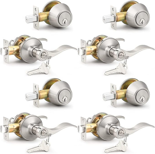Probrico 4 Set of Satin Nickel Exterior Entry Lever and Single Cylinder Deadbolt,Keyed Alike Combo Pack, Keyed Handleset Lockset Exterior(for Front Door and Outside Gate)