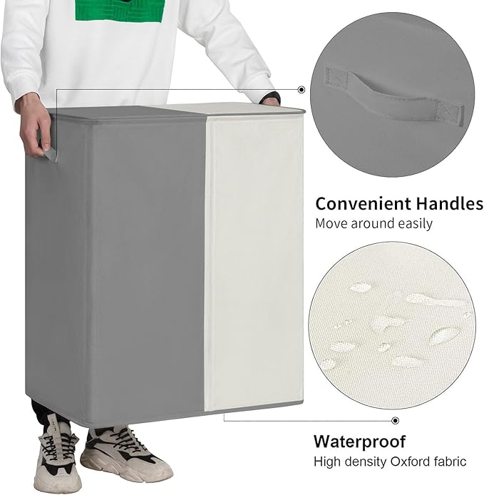 WOWLIVE Double Laundry Baseket with Lid and Removable Laundry Bags,154L Large Laundry Hamper 2 Section Collapsible Dirty Clothes Hamper for Laundry Room,College Dorm,Bathroom,Grey and Beige
