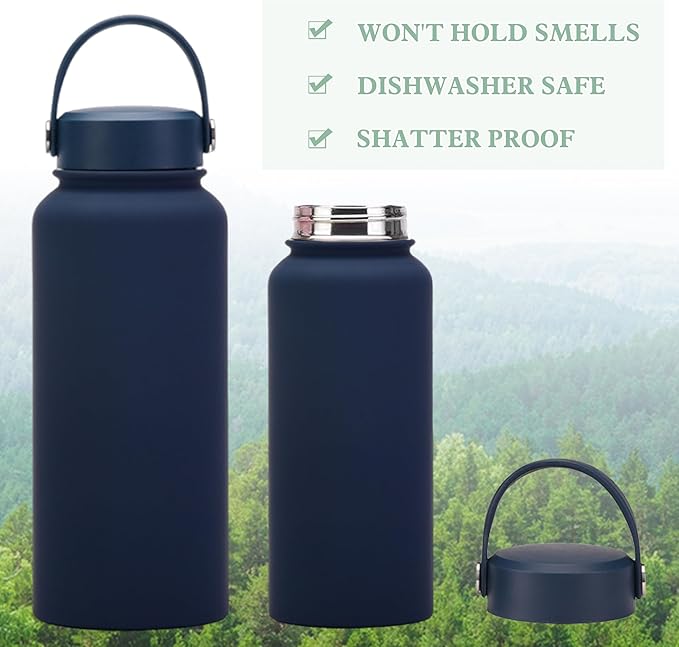 Navy 32 OZ Insulated Water Bottle, Large Metal Insulated Stainless Steel Water Flask, Big Sports Travel Water Bottle with 2 Lids, Insulated Thermos Thermal Mug Cup