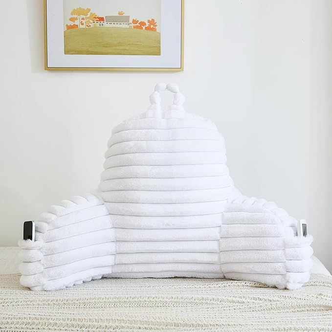 Faux Fur Fluffy White Reading Pillow with Pockets, Luxury Striped Plush Decorative, Arm Rests and Back Surport for Bed Rest, Lounging on sofa, Standard