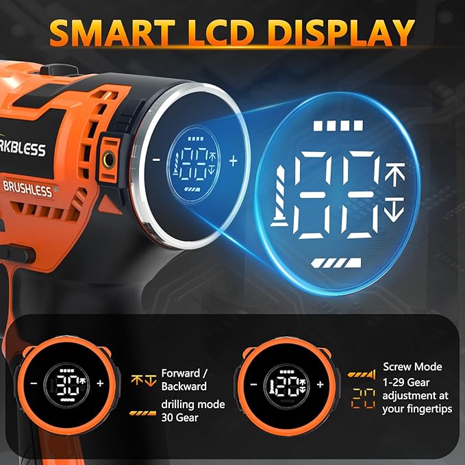 12V Brushless Power Drill, Cordless Drill with LCD Smart Display, 29+1 Torque Setting, 3/8 Inch Keyless Metal Chuck, 2.0Ah Battery, Fast Charger and 18Pcs Bits Included(Orange)