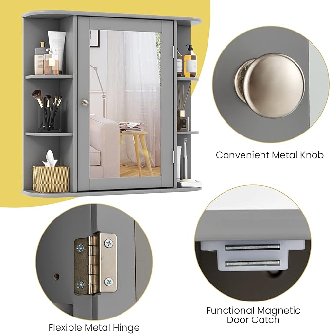 Tangkula Bathroom Medicine Cabinet with Mirror, Wall Mounted Home Storage with Door & 6 Open Shelves, Adjustable Shelves, Mirrored Bathroom Wall Cabinet (Gray)