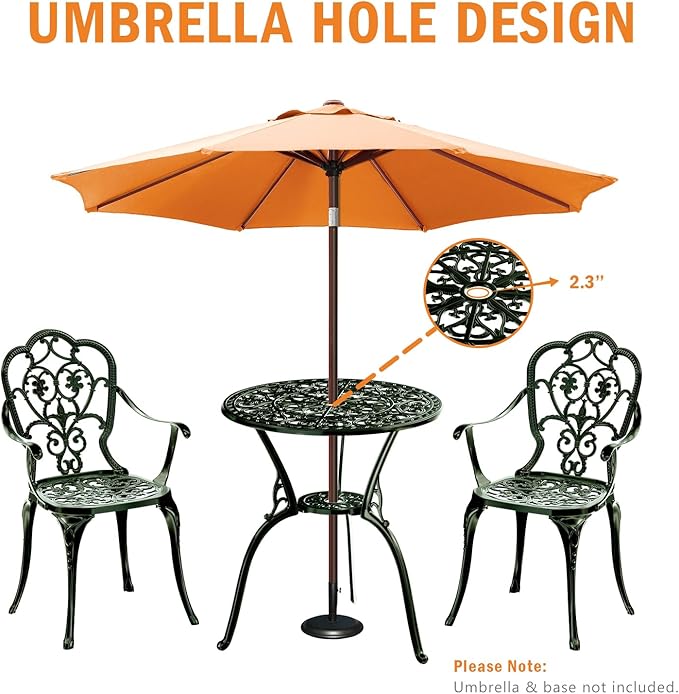 Patio Bistro Set of 2, Cast Aluminum, Outdoor Set w/Umbrella Hole, 3 Piece Table and Chairs Set, Bistro Set for Backyard/Garden/Lawn, Green