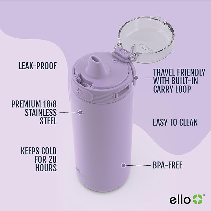 Ello Cooper 18oz Kids Stainless Steel Water Bottle with Straw and Carry Handle, Double Walled and Vacuum Insulated Metal, Leak Proof Locking Lid with Soft Silicone Spout, Reusable, BPA Free, Lilac