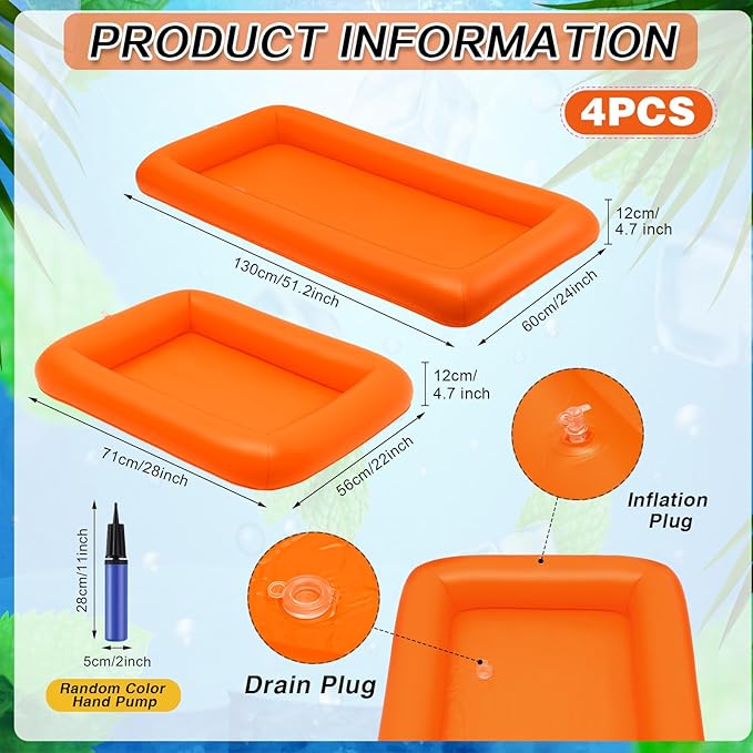 Leitee 4 Pcs Inflatable Ice Serving Bars Buffet Serving Tray Drink Cooler for Pool Party Inflatable Ice Tray Floating Food Drink Containers with Drain Plug and a Hand Pump, 2 Sizes (Orange)