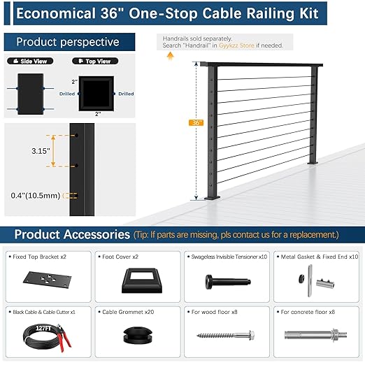 2 Pack Economical One-Stop Cable Railing Post Kits 36", Stainless Steel T304 Deck Railing System with Swageless Tensioner, Upgraded Black Powder Coated Level Drilled Post Kits with DIY Length