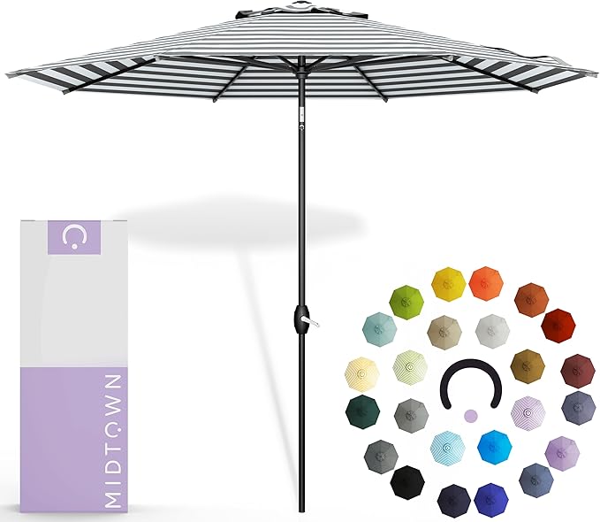 Midtown Umbrellas The Lean 10 Feet Outdoor Umbrella With Terylast Matter Stripes (Grey/White Stripes) Polyester Fabric - Auto-Tilt Aluminum Frame Patio Umbrella For Deck, Garden, Pool - Black Pole