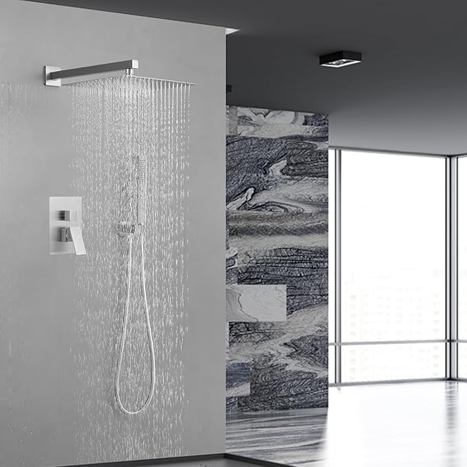 RUMOSE Brushed Nickel Rainfall Shower System 12 Inch High Pressure Square Shower Head with 2 in 1 Handheld Spray Wall Mount Brass Bathroom Shower Faucet Set with cUPC Certified Rough-in Valve
