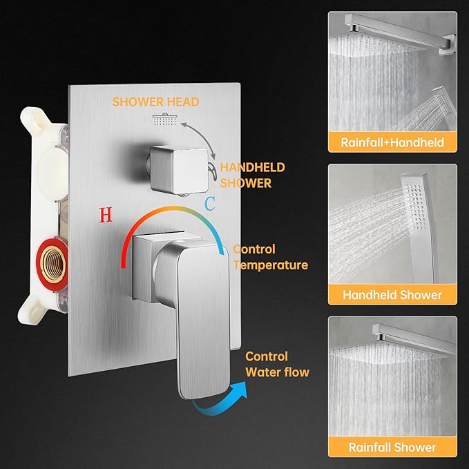 Rainfall Bathroom Shower System, 12-Inch Rain Shower Head and Handle Set, Wall Mounted Dual Shower Combo, All Metal Decorative Shower Luxury Kit Nickel-plated (with Shower Valve)