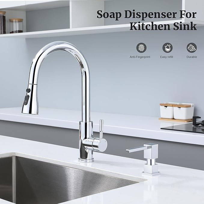 Sink Soap Dispenser for Kitchen Sink (Chrome), All Brass Built-in and Refill from Top Design,Metal Hand Soap & Dish Soap Copper Pump
