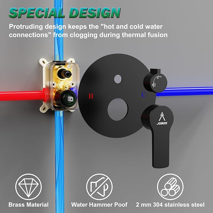 Shower Faucet Set 8IN Brass Rough-In Valve Body Trim Kit Rainfall Included Handle Accessories Complete 2 Functions with Rain Head and Handheld Bathroom Systems (8 Inch Matte Black)