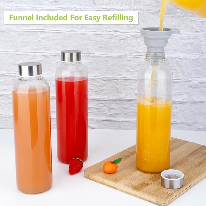Glass Juice Bottles with Lids for Juicing 24 oz, Reusable Clear Glass Water Bottles with Stainless Steel Airtight Cap for Refrigerator, 100% Leak Proof, BPA Free, ECO Friendly, Set of 10