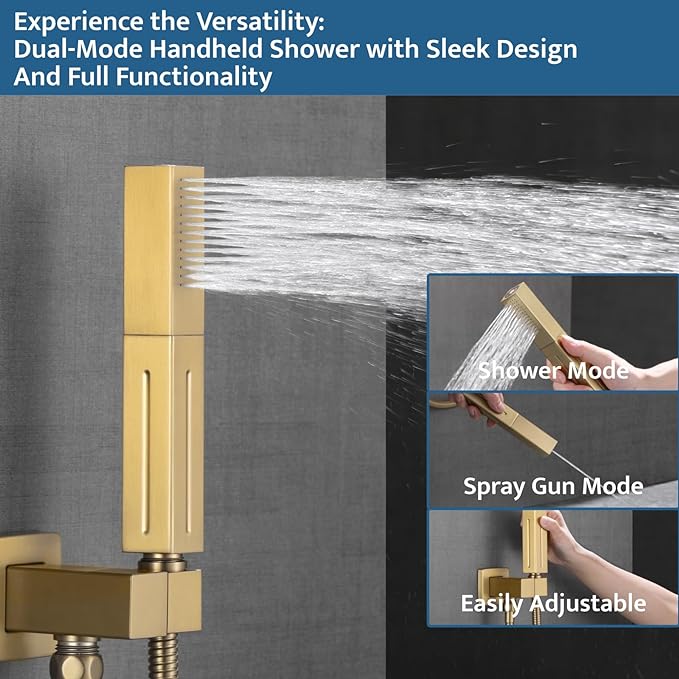 Thermostatic Shower System Brushed Gold, Push Button Diverter Shower Faucet with 2 in 1 Handheld, Ceiling Mount 12 Inch Shower Head with 6 Inch Wall Mount Shower Head