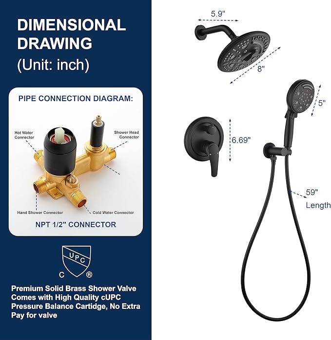 SHAMANDA 15-Function Shower System with Valve and Trim, Bathroom Luxury Shower Faucets Sets Complete with 9 Setting Handheld showerhead & 6 Setting Rain Shower, Wall mounted, Matte Black, L8082-7