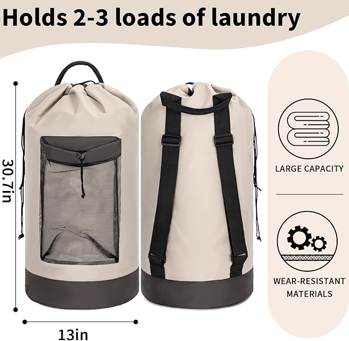 Laundry Bag Backpack with Shoulder Straps and Mesh Pocket Foldable Laundry Hamper for College, Apartment, Laundromat (Grey)