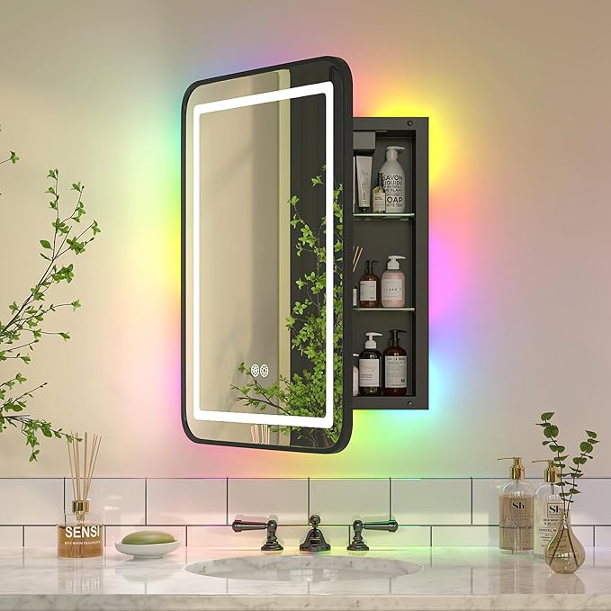Metal Recessed Medicine Cabinets for Bathroom Medicine Cabinet with Mirror,RGB LED Medicine Cabinet with Lights,Lighted Medicine Cabinets Wall Mounted,Bathroom Mirror with Storage 16 x 24
