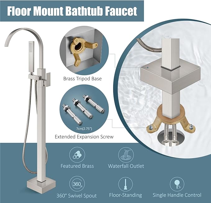 Aolemi Freestanding Tub Filler Brushed Nickel Floor Mount Bathtub Faucet Bathroom Waterfall Brass Tap Single Handle with Handheld Shower Swivel Spout