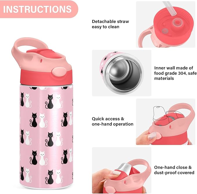 Black White Cat Kids Water Bottle with Straw Pink Insulated Stainless Steel BPA-Free Sport Bottles for Boys Girls Toddlers 12 oz Lid