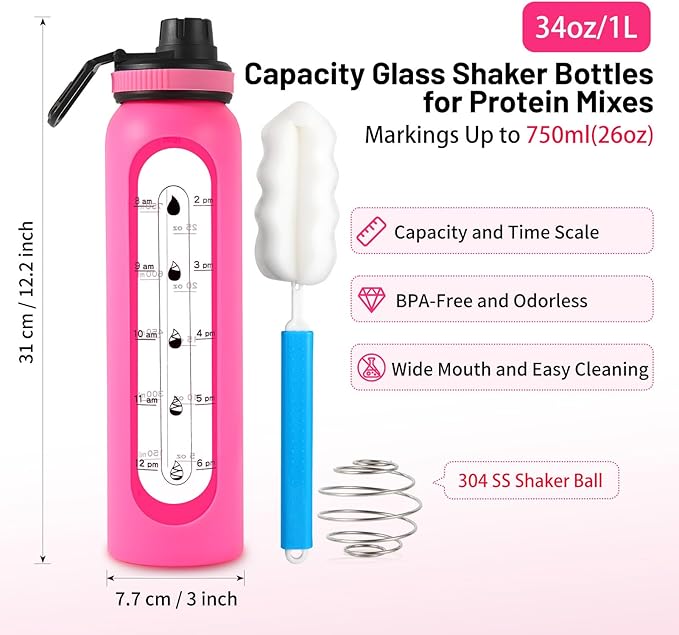 Glass Shaker Bottle,34oz BPA-Free Blender Shaker Bottle With Ball and Cleaning Brush for Protein Mixes Fitness