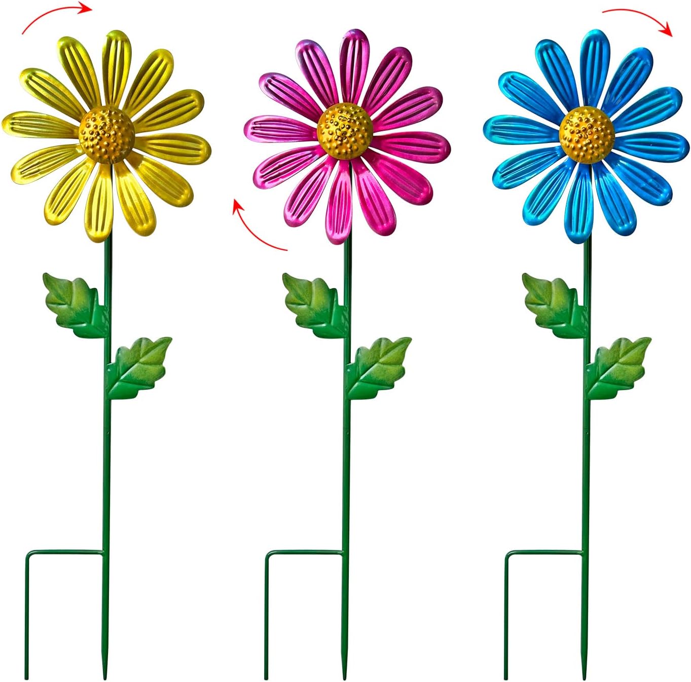 WAIU Metal Daisy Garden Stakes, Wind Catcher Spinner Garden Stakes, Garden Windmill Stakes Outdoor Wind Catchers, Yard Decor Stakes, Set of 3…