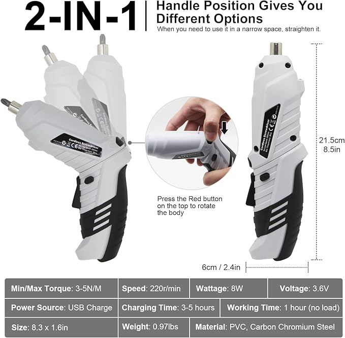MQFORU Cordless Screwdriver, 48 in 1 Electric Screwdriver, Rechargeable 3.6V Portable Cordless Drills Kit, Dual Position Handle with USB Cable LED Light for Home Office DIY Tools