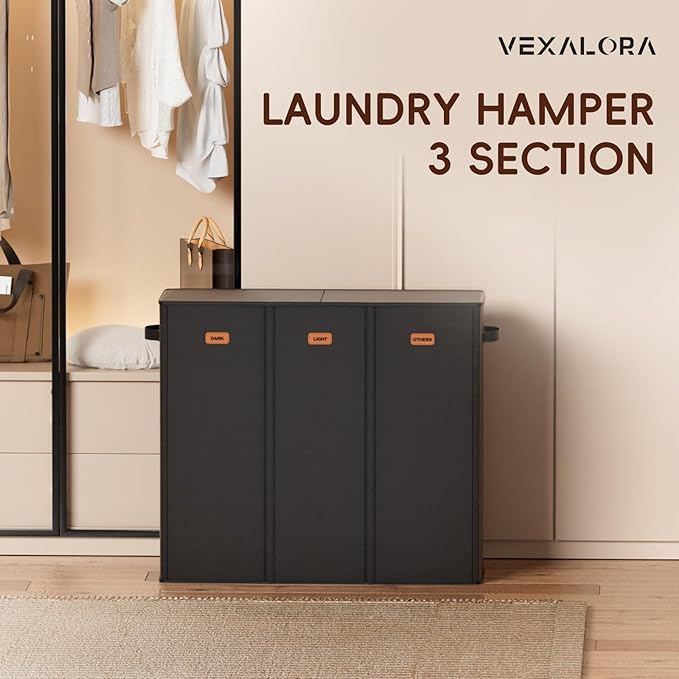 185L Laundry Hamper 3 Section, Laundry Hamper with Lid, Dirty Clothes Hamper with 3 Removable Washing Bags, Extra Large Laundry Basket Organizer for Bedroom, Laundry Room, Dorm - Black