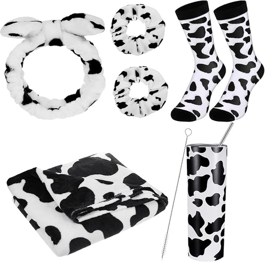 Uiifan 6 Pcs Mothers Day Gifts Cow Themed Gifts Sets for Women 20 oz Cow Stainless Steel Tumbler with Lids and Straws Cow Throw Blanket Socks Birthday Gifts for Woman Cow Lovers (Black Cow)