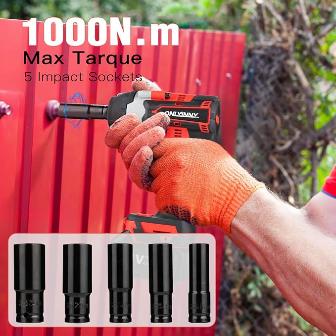 Cordless Impact Wrench1/2, 750Ft-lbs (1000N.m), 21V Power Impact Wrenches, 4-Mode Speed, 2x4.0AH Battery High Torque, 5 Sockets, 8 Drill, 6 Screws, Electric Impact Driver for Car Home Truck