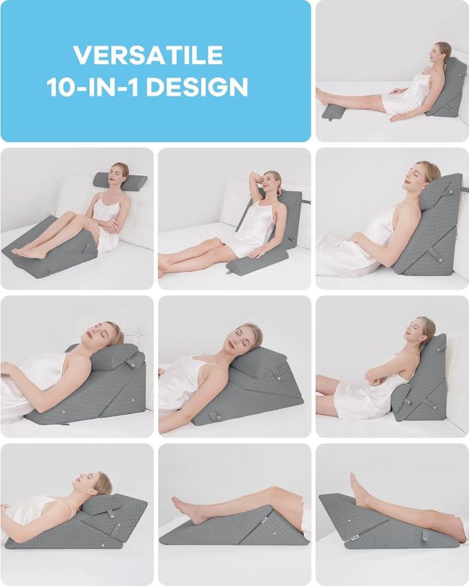 Forias Wedge Pillows Set for After Surgery Foldable Bed Wedge Pillow for Sleeping Adjustable 9&12 Inch Triangle Pillow Wedge with Half-Moon Pillow for Post Surgery Acid Reflux Gerd Snoring - Gray