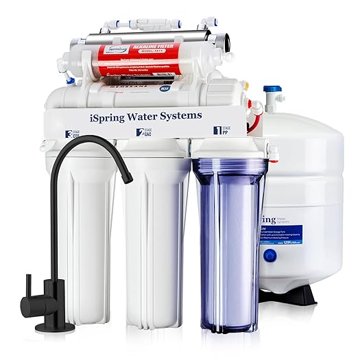 iSpring RCC7AK-UVBLK, NSF/ANSI 58 Certified, Alkaline and UV 7-Stage Reverse Osmosis Water Filter System, Clear Housing for Easy Filter Inspection, Reduces PFAS, TDS, Chlorine, Lead, pH+