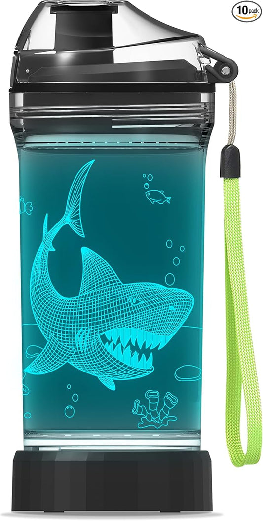 Kids Water Bottle with Shark Design 3D Glowing LED Light-Tritan BPA Free,Perfect for Back-to-School Season, Girls, Boys, Kids, Holiday Camping, Picnic Gifts - 14 oz Travel Mug