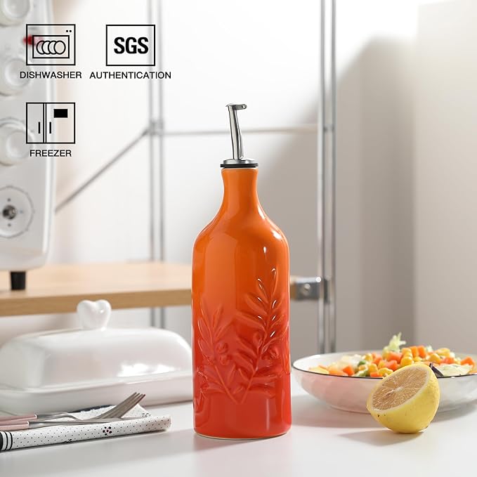 Sweejar Ceramic Olive Oil Dispenser Bottle, 20 Oz Relief Opaque Oil Cruet Protects To Reduce Oxidation, Suitable for Storage Soy Sauce, Coffee Syrup, Liquids, Set of 1 (Gradient Orange)