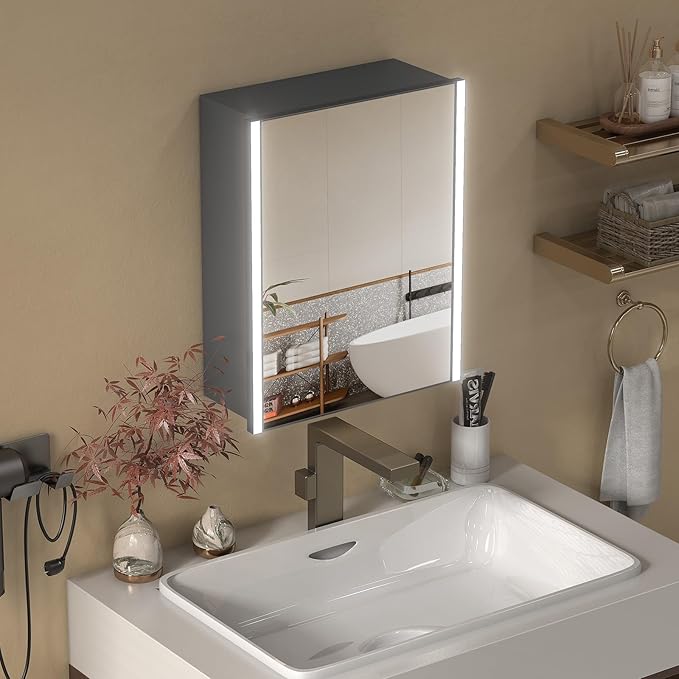 16x20 Inch Medicine Cabinet with LED Light Mirror, Brightneess Adjustable and Full-Assembled Bathroom Aluminum Cabinet with Storage, Surface or Recessed Tempered Cabinet, Farmhouse Black