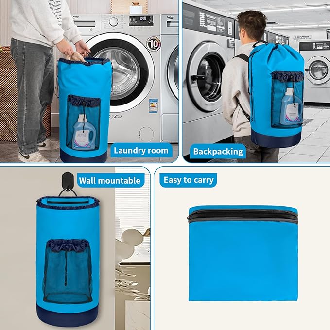Laundry Bag Backpack with Shoulder Straps and Mesh Pocket Foldable Laundry Hamper for College, Apartment, Laundromat (Blue)
