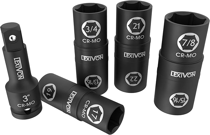 LEXIVON Lug Nut Impact Socket Set, 1/2-Inch Drive | Innovative 8-IN-4 Flip Socket Design, Covers Most Commonly Used Inch & Metric Wheel Nuts | Cr-Mo Steel = Full Impact Grade (LX-110)