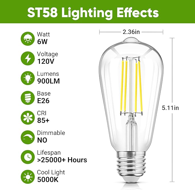 LED Edison Light Bulbs E26 Standard Base, Vintage 6W LED Bulbs, St58 5000K Cool White Bright Filament Bulbs with CRI 85+, 900LUM, Non-Dimmable, Clear Glass, Pack of 4