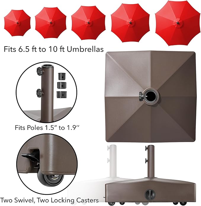 Casafield Patio Umbrella Base, 131lb Capacity, Fillable Heavy Duty Rolling Stand for Outdoor, Patio, Lawn, Deck, Poolside - Brown