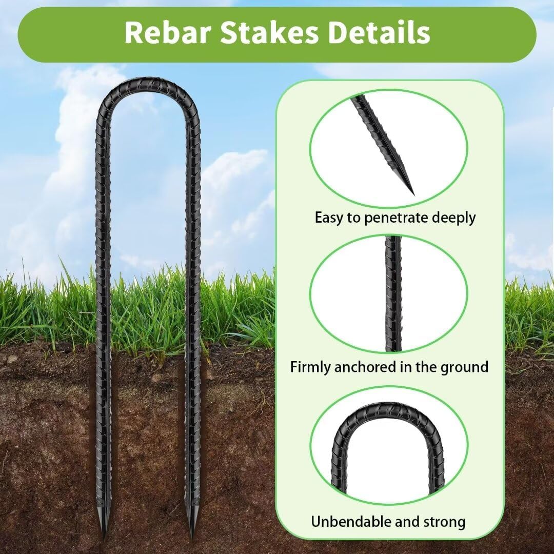 Rebar-Stakes-12-Inch, Ground Stakes Heavy Duty U-Hook Black Coated Anti-Rust Heavy Duty Ground Anchors for Garden Dog Fence Chicken Coop Christmas Decorations Deer Fence 12pcs