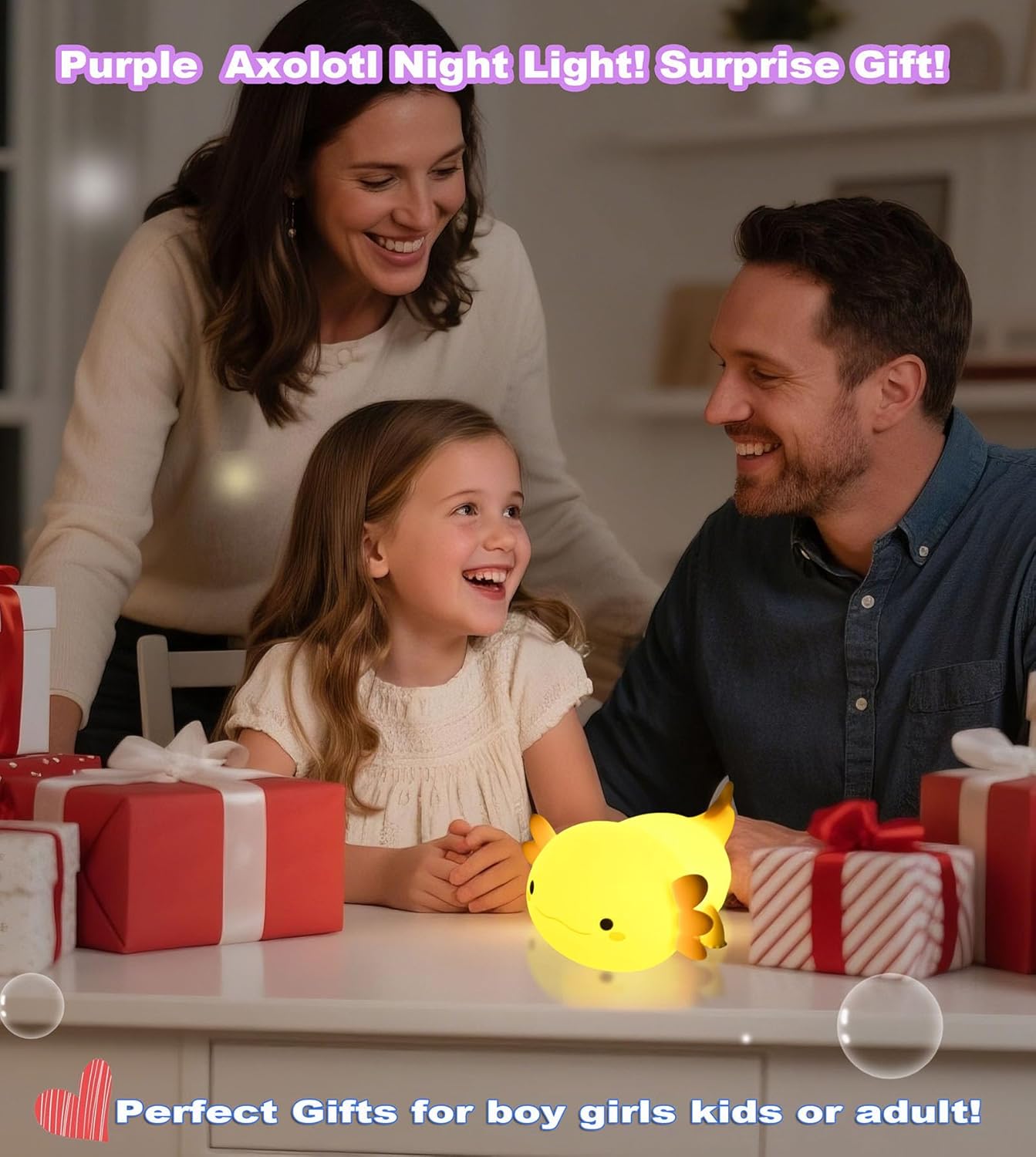 HAPPYBAG Axolotl Night Light,Cute Axolotl lamp Gifts for Kids,Dimmable Silicone Animal Nursery Night Light,Kawaii Rechargeable Bedside Touch Lamp,Baby Room Decor Axolotl Light