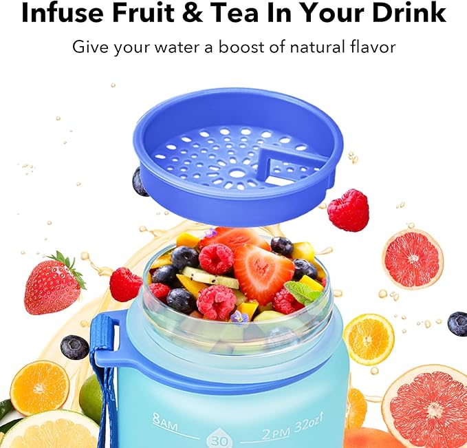 GOSWAG 32oz Motivational Water Bottles with Time Marker and Fruit Strainer, Sports Water Bottle with Times to Drink, Leakproof, Reusable Plastic Bottle with Strap no Straw for Gym, School