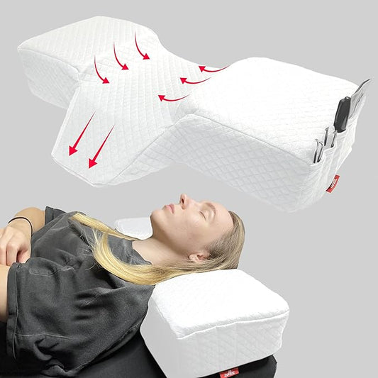 Pillow for Eyelash Extensions - Curved Memory Foam Lash Bed Pillow with Neck and Back Support, Perfect Pillow for Eyelash Extensions, Two Pockets for Tools On The Sides of Pillow (White)